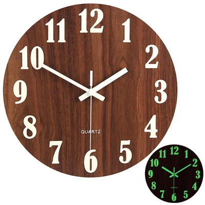£10.95 • Buy 12 Inch Modern Wooden Home Wall Clock Large Number Luminous Glowing In The Dark 
