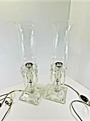 Antique 1931 Pair Etched Glass W Hanging Crystal Prisms Hurricane Mantle Lamps • $110.49