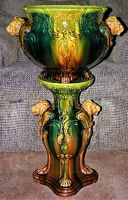 Rare Stunning Antique Majolica / Roseville Lion Heads Jardiniere & Pedestal • $1399