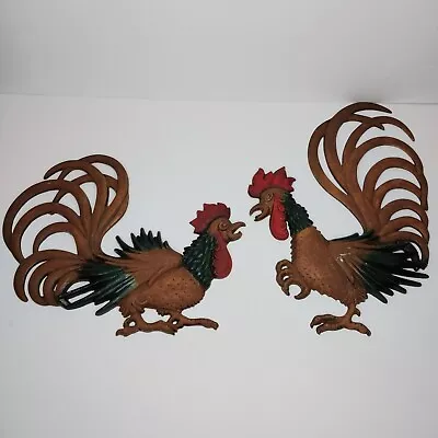  VTG Midwest Cast Metal Roosters Chickens 2 Pc Colorful Wall Art Decor Farmhouse • $26.95