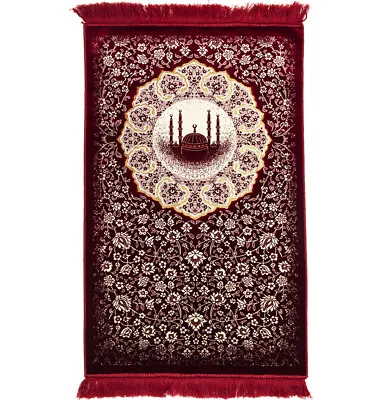 Modefa Islamic Muslim Plush Velvet Janamaz Sajada Prayer Rug Floral Mosque Red • $32.98