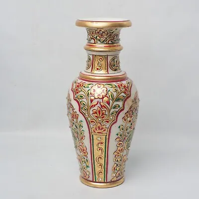 Hand Carved Indian Meenakari Art Handicraft White Marble Hand Painted Stone Vase • £65