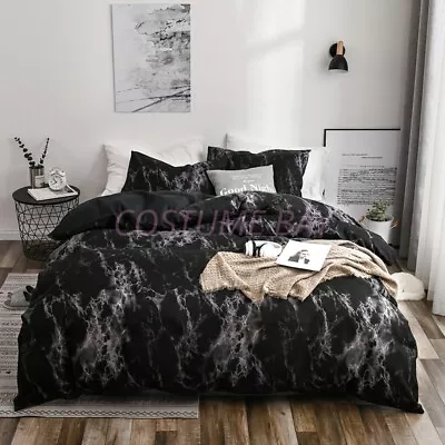 Black Marble Quilt Duvet Cover Set Double Queen Size Pillowcase Bedding Set AU • £21.13