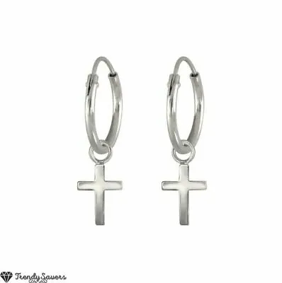 12mm Hypoallergenic Women Men Sterling Silver Cross Dangle Hinged Hoop Earrings • £4.99