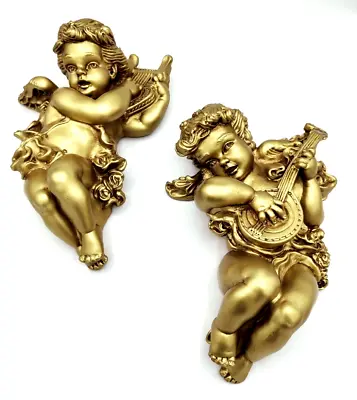 Vintage Hollywood Gold Cherubs Angels Universal Statuary 11  1965 Lyre Mandolin • $39.99
