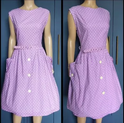 50s-60s Vintage Cotton Purple Polka Dot Novelty Print Full Skirt Dress • £30