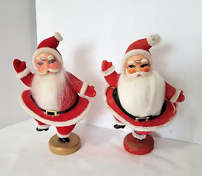 Vintage 2 Dancing Santas Red Flocked 7  Tall Complete Different Faces • $32.79