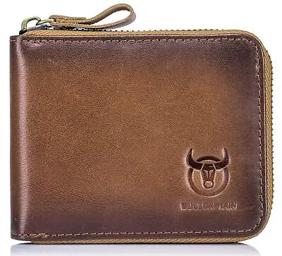 Mens Genuine Leather Zipper Wallet RFID Blocking Bifold Secure Zip Around Wal... • $40.74