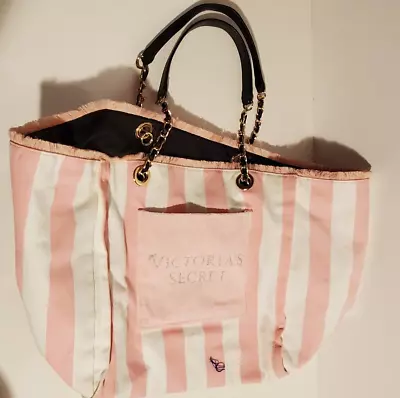 Victoria's Secret Stores 2 Handled Pink & White Stripe Tote Bag Canvas Totebag • $4.99
