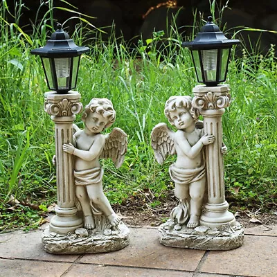 Garden Ornament Solar LED Fairy Angel Cherub Statue Pond Post Lantern Decoration • £22.94