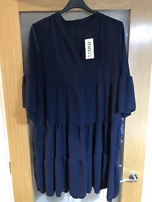 MADE IN ITALY LAGENLOOK 16/20 Navy Layered  Collar Dress 22” Across 37” Long • £14.99