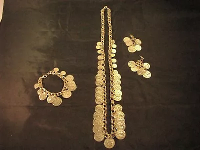 Vintage Coin Necklace-Bracelet-Earrings Shiny Gold Tone Metal Chain Chunky Set • $24.99