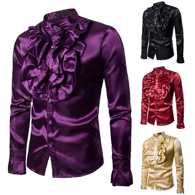 Mens Satin Silk Slim Shirt Long Sleeve Retro Ruffle Victorian Disco Party Shirts • £13.99