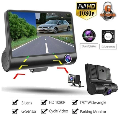 $73.69 • Buy 3 Lens Front And Rear Dash Cam For Cars 1080P Full HD Night Vision 4 LCD Display