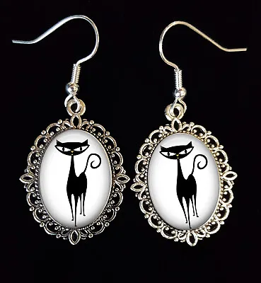 £12.95 • Buy Sixties Cat Antique Silver Drop Earrings Kitty Eyes 60s Kitsch Retro Black White