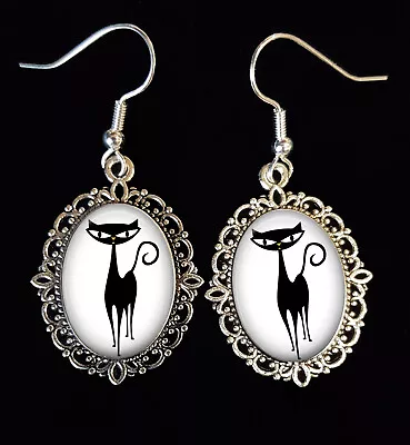 Sixties Cat Antique Silver Drop Earrings Kitty Eyes 60s Kitsch Retro Black White • £14.95