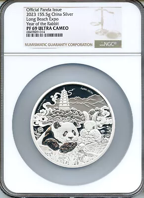 Mintage 100 Only China 2023 Long Beach 5oz Silver Panda Rabbit   NGC PROOF 69 • $1485