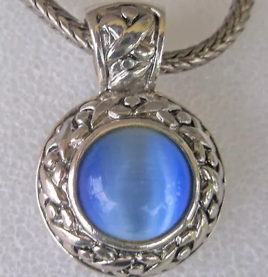 Vintage Roman Blue Cats Eye Ornate Silvertone Pendant Necklace • $5.99