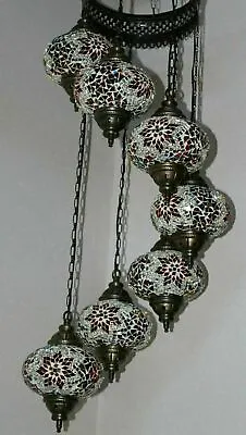 £229.95 • Buy 7 Large Globes - Turkish Moroccan Glass Mosaic Hanging Ceiling Chandelier Lamp