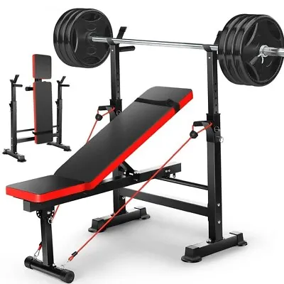 600LBS 4 In 1 Adjustable Weight Bench Folding Workout Bench Set W/ Barbell Rack • $105.99