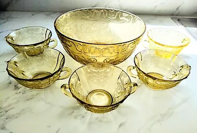 6 Pc. FEDERAL MADRID Amber Yellow Depression Glass Serving /2 Handle Soup Bowls  • $26