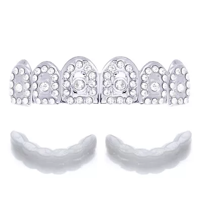 Hip Hop Silver Plated CZ Stone Mouth Caps 6 TOP GRILLZ Teeth L014 S 1 Ex Mold • $9.99