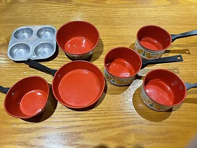 Vintage Small Mini Kids Toy Play Tin Red & White Kitchen Pot And Pans • $3
