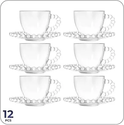 12 Piece Clear Glass Tea Cup Saucer Set Coffee Espresso Cappuccino Service For 6 • £16.50