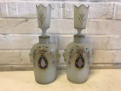 Antique Victorian Era Bristol Glass Pair Of Decanter Vases Painted Floral Dec. • $316.29