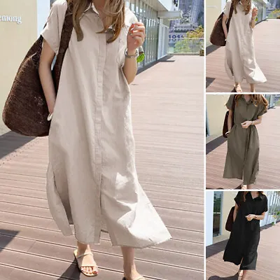 ZANZEA Womens Cotton Linen Shirt Dress Short Sleeve Lapel Party Long Shift Dress • $29.44