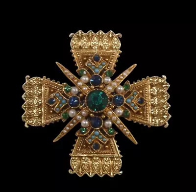 ART Arthur Pepper Maltese Cross Gold Brooch Cabochons Rhinestone Pendant Pin • $110