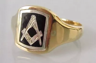 Gold Masonic Ring - Vintage 18ct Gold Black Enamel Masonic Swivel Ring Size W • £795