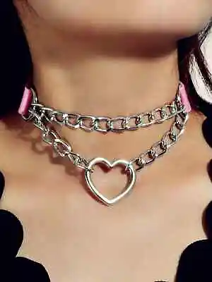 $2 • Buy PINK  Leather SIlver Chain Heart Choker Necklace Gothic Steampunk VALENTINE 