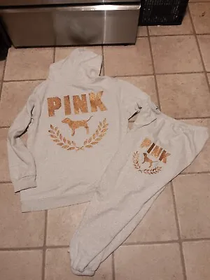 PINK Victoria's Secret Glittery Rose Gold Hoodie And Campus Jogger Sweatpants • $89