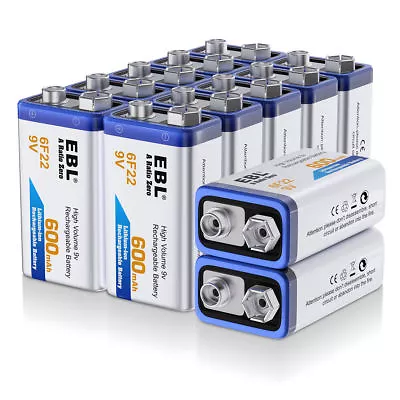 EBL 9V 600mAh Lithium NiMH Rechargeable Batteries 6F22 /9Volt Li-ion Battery Lot • $86.99