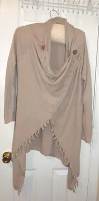 MATILDA JANE Come On Over Wrap Fringe Cardigan Sweater Shawl Beige Size M • $22.50