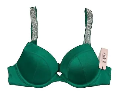 Victoria's Secret BIKINI BRA TOP Verdant GREEN Silver Bling SHINE STRAP 34D NEW • $66.80