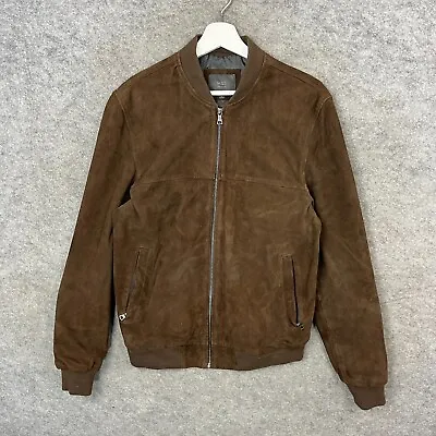 Marks And Spencer Jacket Mens Small Brown Bomber Genuine Leather Suede Coat • £39.99