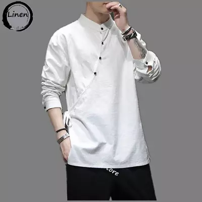 New Mens Cotton Linen Tang Suit Hanfu Retro Long Sleeved Tops Chinese Shirt • $24.99