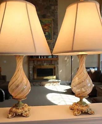 Pair Vintage Murano Lime Green Latticino Glass Lamps Mid-Century Modern Italian • $726.75