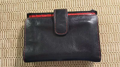 Tusk Black/Red Stitching ID Snap Evening Leather Wallet Bifold In OK Condition • $15