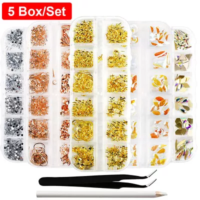 5 Box/Set Nail Art Rhinestones Kit + Pick Up Tweezers For Nail Art Decoration US • $4.99