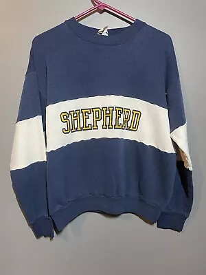 Vintage 70s 80s Shepherd University Sweatshirt Stripe Adult M-L Blue White  • $25