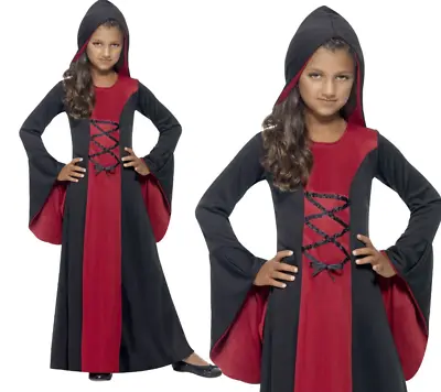 Girls Hooded Vampire Costume Halloween Fancy Dress Kids Medieval Vampiress • £15.99