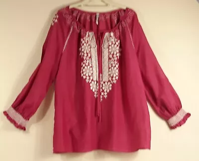  Monoreno M Mauve W/White Embroidery Silk Blend Peasant Drop Shoulder Tunic Top • $16.50
