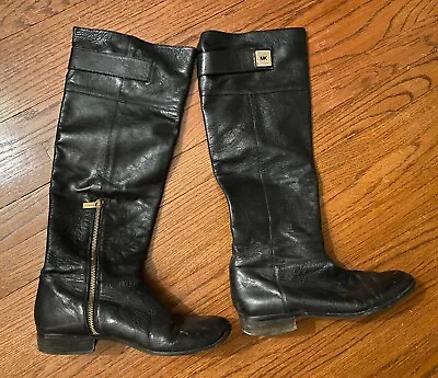 Michael Kors Tall Black Leather Knee High Riding Boots Flat Shoes Gold Logo 9 • $32