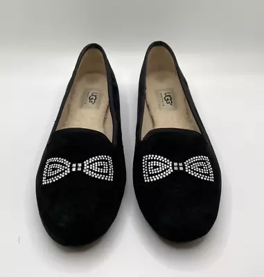 UGG Black Suede Alloway Studded Bow Flats Slip On Shoe Wool Lined Slipper Sz 7 • $44.95