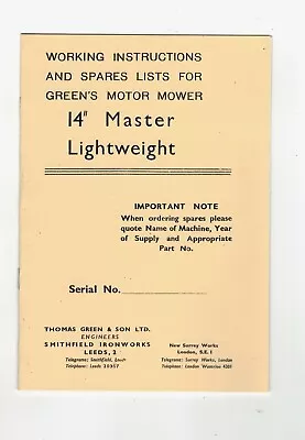 Green's Master Lightweight Vintage Motor Mower Operations Manual Copy • $5.50