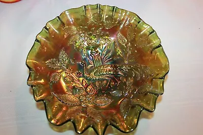 Beautiful Green Millersburg Carnival Glass  Shotgun  Peacock Ruffled Rim ~ 7.5  • $175