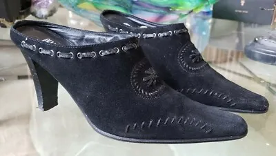 Pretty Pelle Moda Black Suede High Heel Mules Whipstitch Embroidery Us 9 Chic!! • $18.99